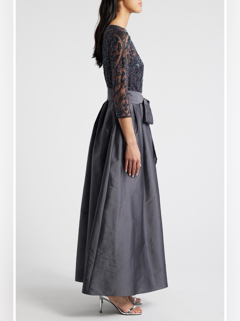 Pisarro Nights Beaded Illusion Neck Taffeta Gown Slate Size 16 NWT - Picture 3 of 8